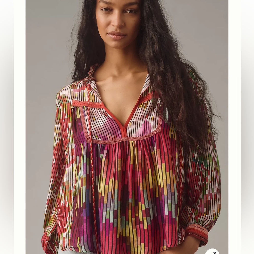 Anthropologie Multicolor Striped Pixelated Peasant Blouse